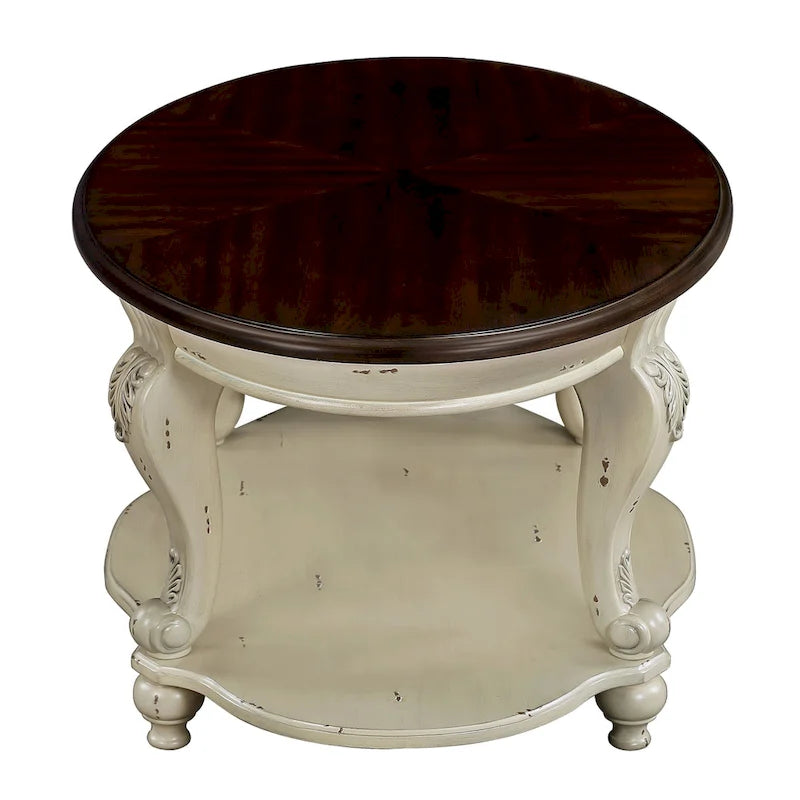 Table d'appoint ronde rétro 22, table d'appoint de canapé en bois massif avec étagère, table de coin de salon facile à assembler