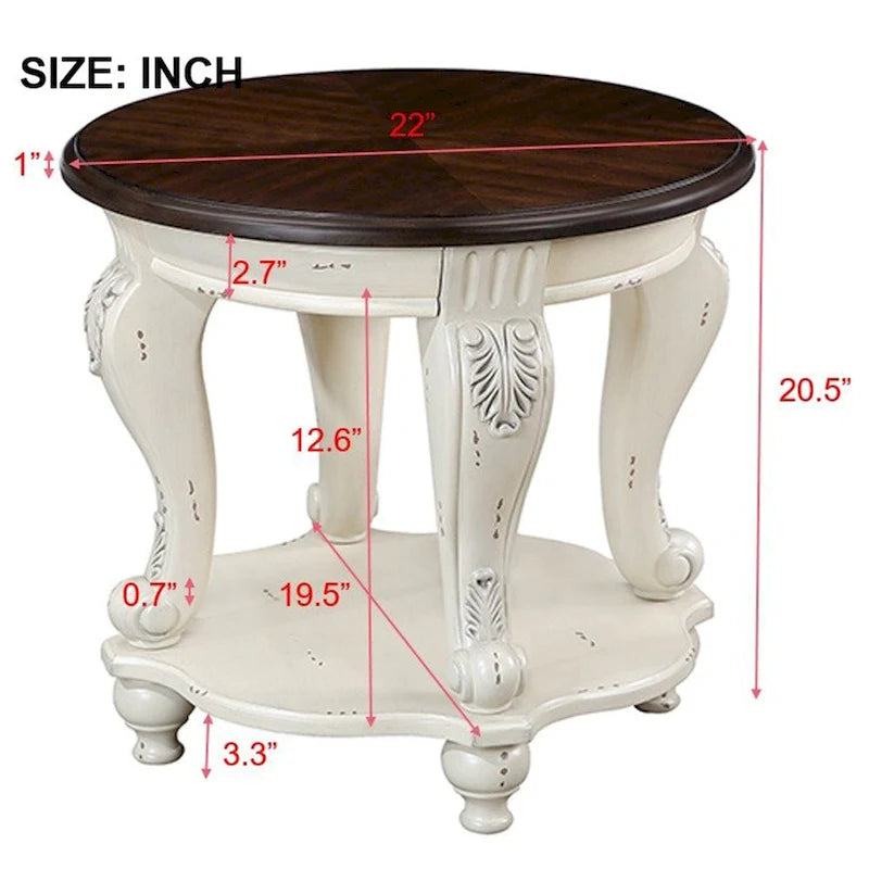 Table d'appoint ronde rétro 22, table d'appoint de canapé en bois massif avec étagère, table de coin de salon facile à assembler