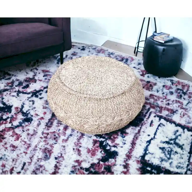 Pouf ottoman en coton beige de 50 cm avec motif géométrique pour le salon