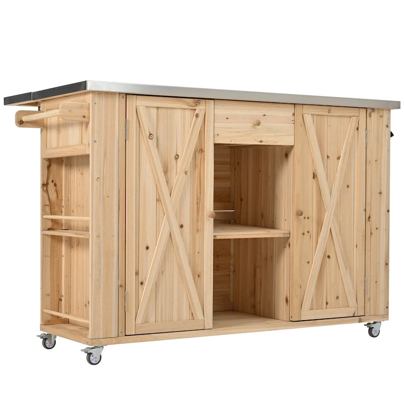 Îlot de cuisine d'extérieur, bois de sapin rustique avec plateau en acier inoxydable et rangement intelligent