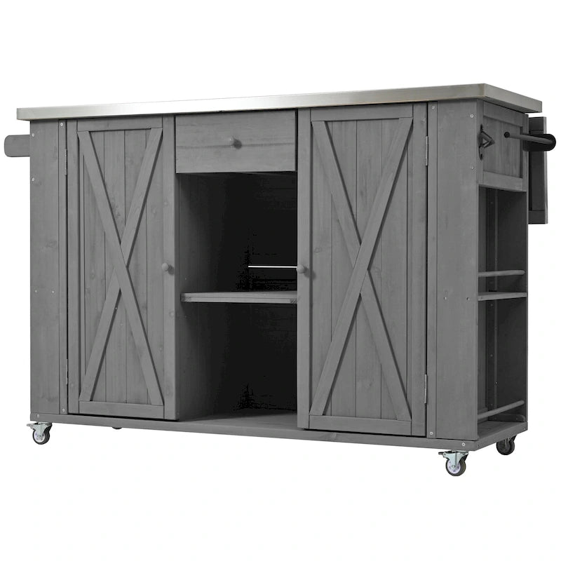 Îlot de cuisine d'extérieur, bois de sapin rustique avec plateau en acier inoxydable et rangement intelligent
