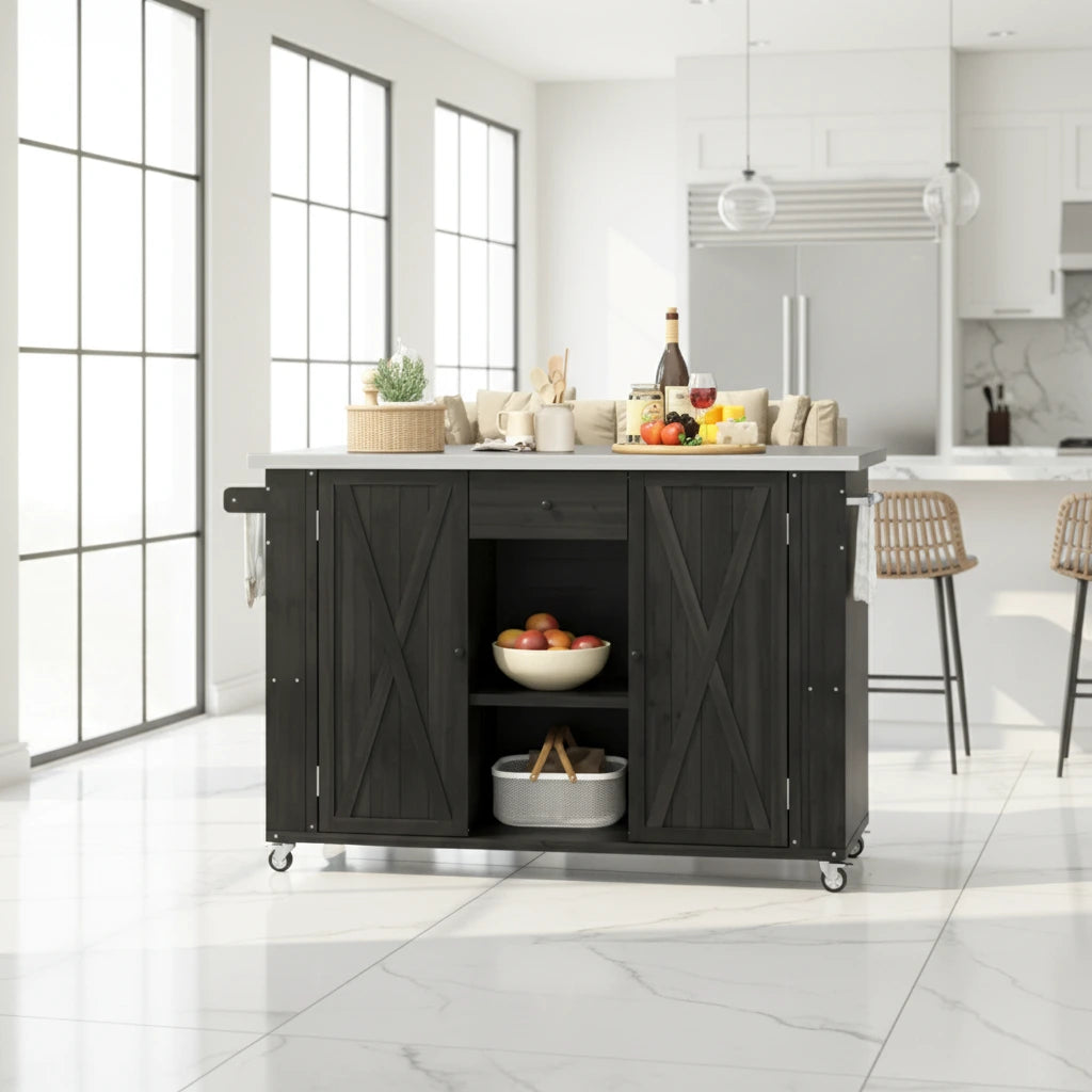 Outdoor Kitchen Island, Rustic Fir Wood with Stainless Steel Top and Smart Storage