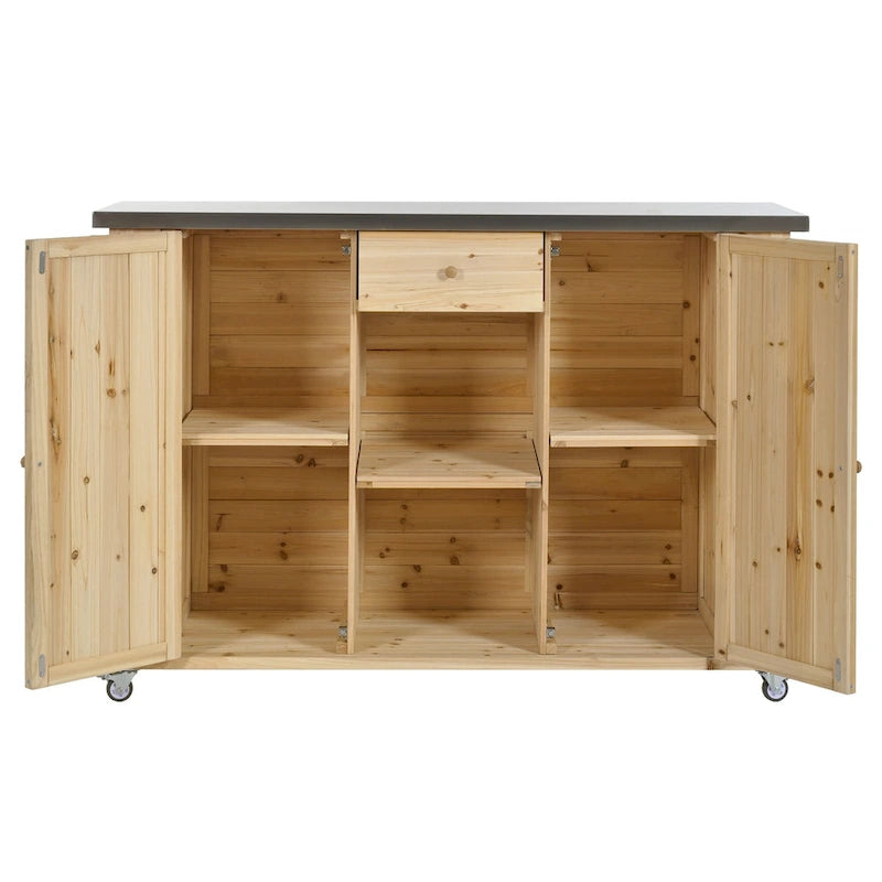 Îlot de cuisine d'extérieur, bois de sapin rustique avec plateau en acier inoxydable et rangement intelligent