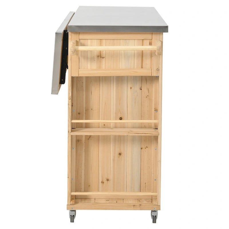 Îlot de cuisine d'extérieur, bois de sapin rustique avec plateau en acier inoxydable et rangement intelligent