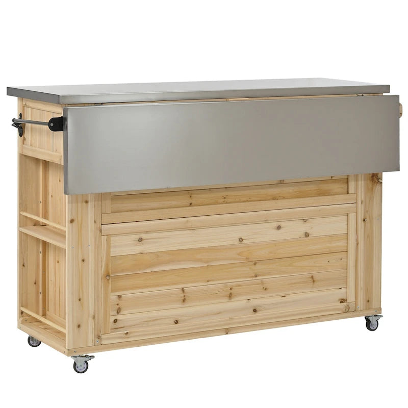 Îlot de cuisine d'extérieur, bois de sapin rustique avec plateau en acier inoxydable et rangement intelligent