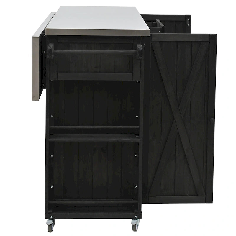 Îlot de cuisine d'extérieur, bois de sapin rustique avec plateau en acier inoxydable et rangement intelligent
