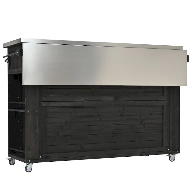 Îlot de cuisine d'extérieur, bois de sapin rustique avec plateau en acier inoxydable et rangement intelligent