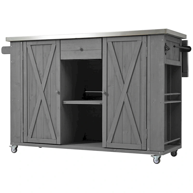 Îlot de cuisine d'extérieur, bois de sapin rustique avec plateau en acier inoxydable et rangement intelligent