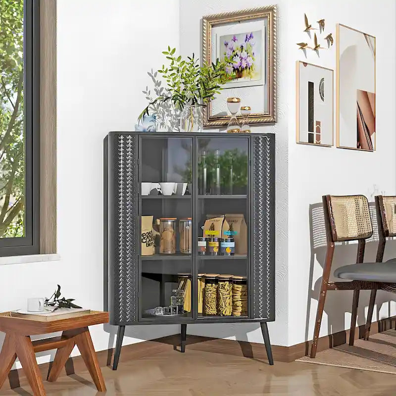 Meuble de rangement d'angle moderne à 3 niveaux avec portes en verre trempé, étagères et cadre en métal - Organisateur autoportant peu encombrant