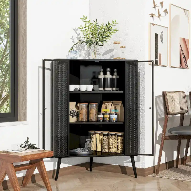 Meuble de rangement d'angle moderne à 3 niveaux avec portes en verre trempé, étagères et cadre en métal - Organisateur autoportant peu encombrant