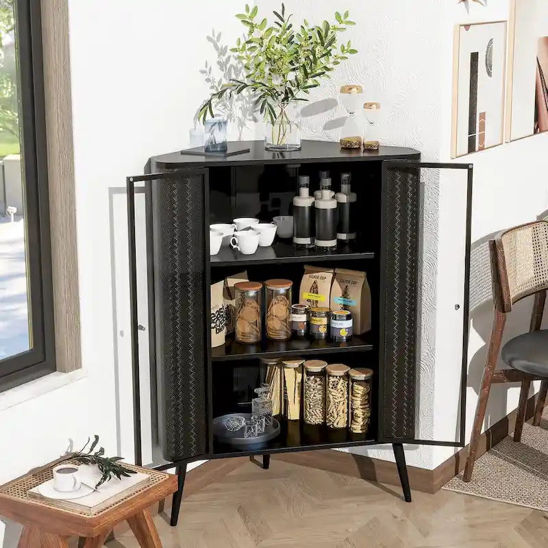 Meuble de rangement d'angle moderne à 3 niveaux avec portes en verre trempé, étagères et cadre en métal - Organisateur autoportant peu encombrant