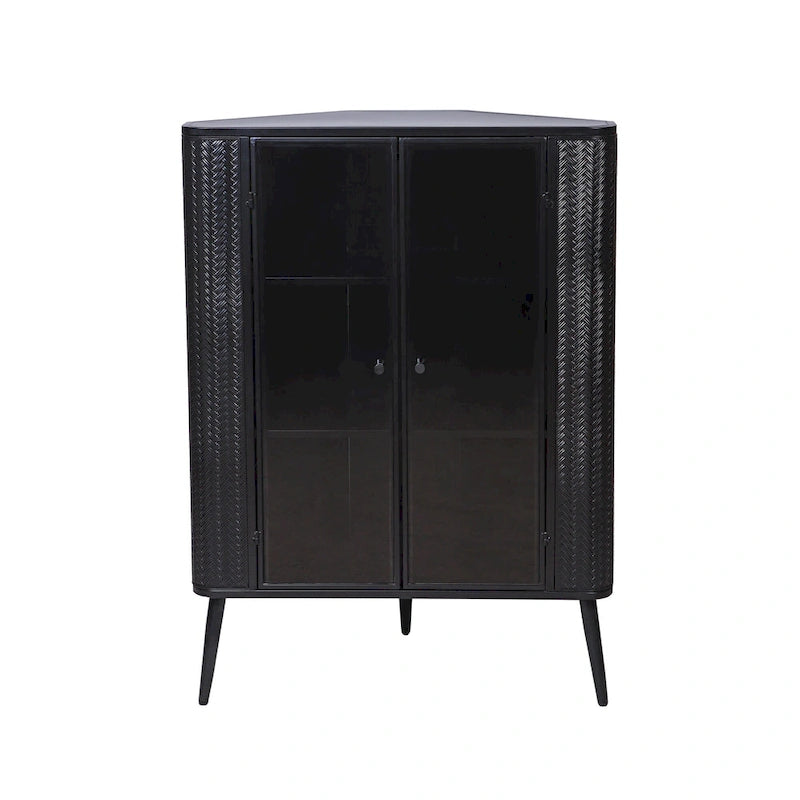 Meuble de rangement d'angle moderne à 3 niveaux avec portes en verre trempé, étagères et cadre en métal - Organisateur autoportant peu encombrant