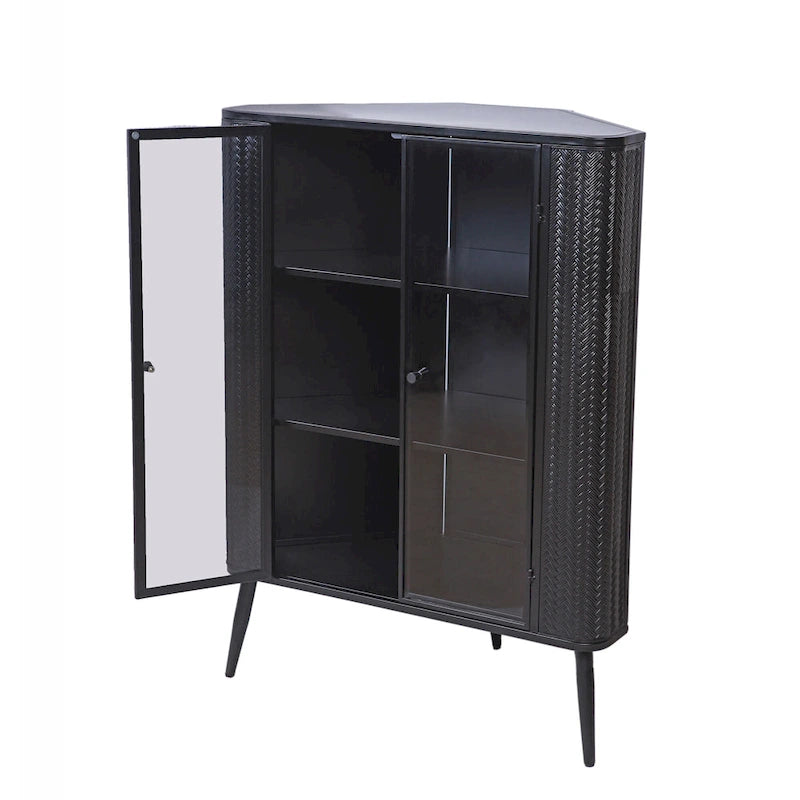 Meuble de rangement d'angle moderne à 3 niveaux avec portes en verre trempé, étagères et cadre en métal - Organisateur autoportant peu encombrant
