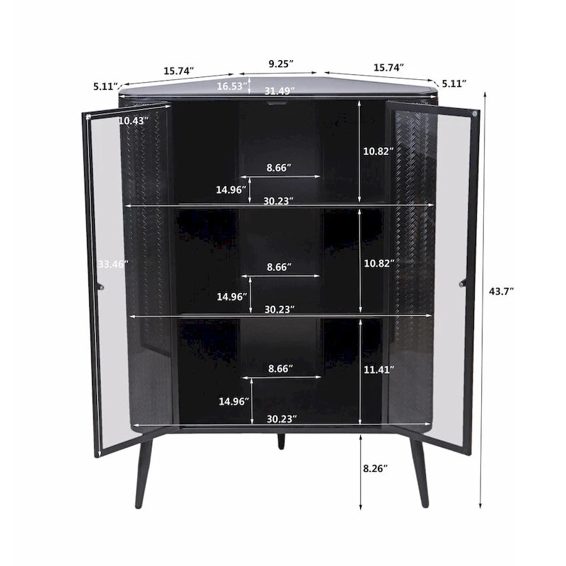 Meuble de rangement d'angle moderne à 3 niveaux avec portes en verre trempé, étagères et cadre en métal - Organisateur autoportant peu encombrant