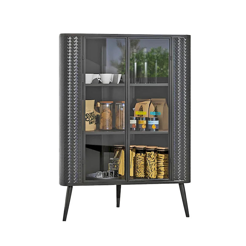Meuble de rangement d'angle moderne à 3 niveaux avec portes en verre trempé, étagères et cadre en métal - Organisateur autoportant peu encombrant