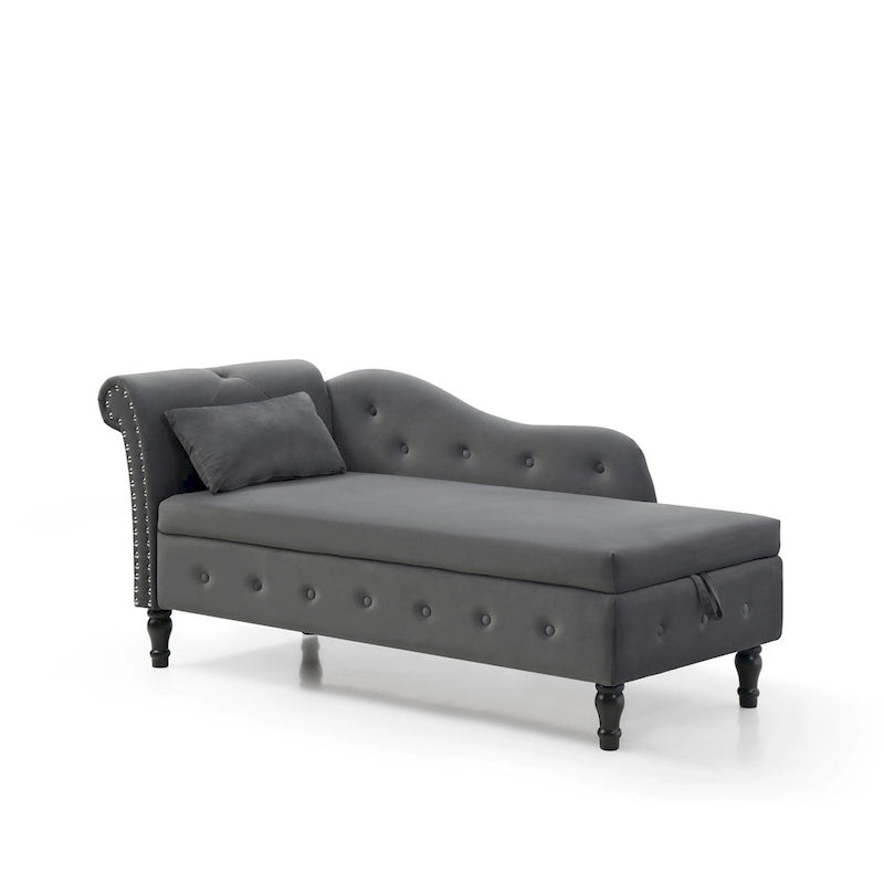 Chaise longue moderne grise capitonnée en velours avec pieds en bois massif et rangement