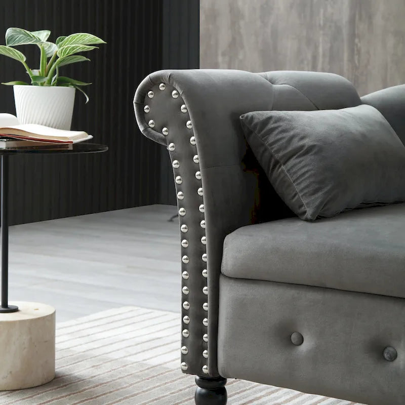 Chaise longue moderne grise capitonnée en velours avec pieds en bois massif et rangement