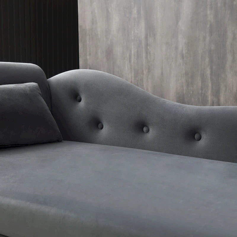 Chaise longue moderne grise capitonnée en velours avec pieds en bois massif et rangement