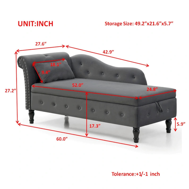 Chaise longue moderne grise capitonnée en velours avec pieds en bois massif et rangement