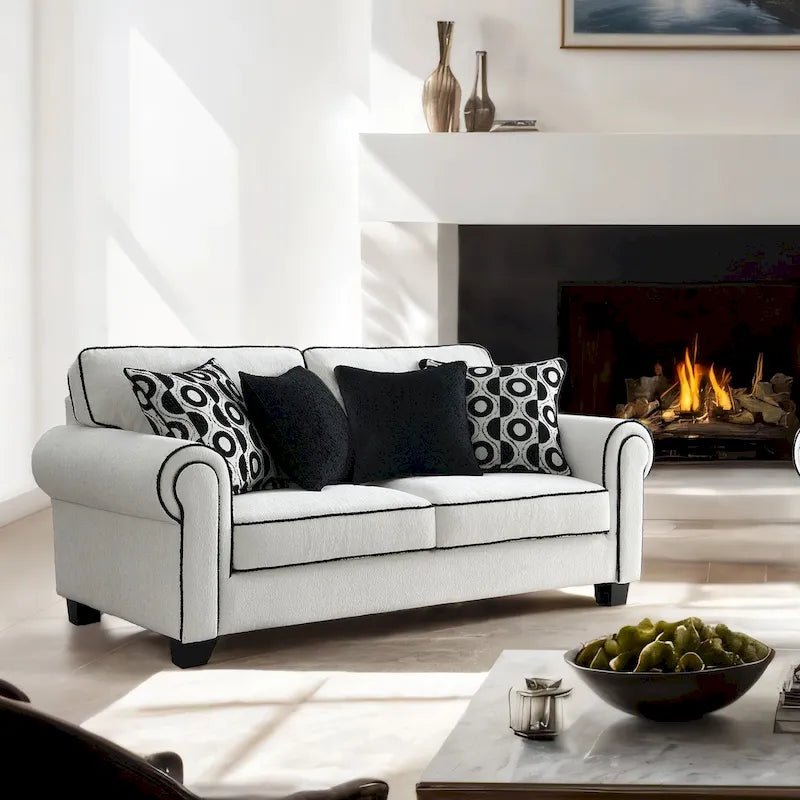 Causeuse moderne en chenille blanche avec coussins décoratifs