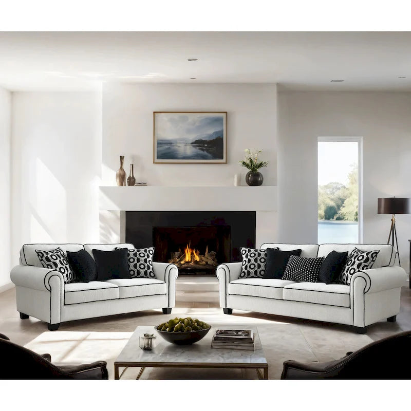 Causeuse moderne en chenille blanche avec coussins décoratifs