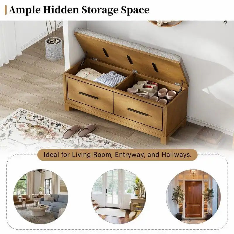 Banc à chaussures avec coussin amovible et rangement dissimulé pour l'organisation de l'entrée et du salon