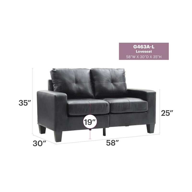 Canapé droit en similicuir à accoudoirs évasés de 58 po de large – 32L x 58W x 36H