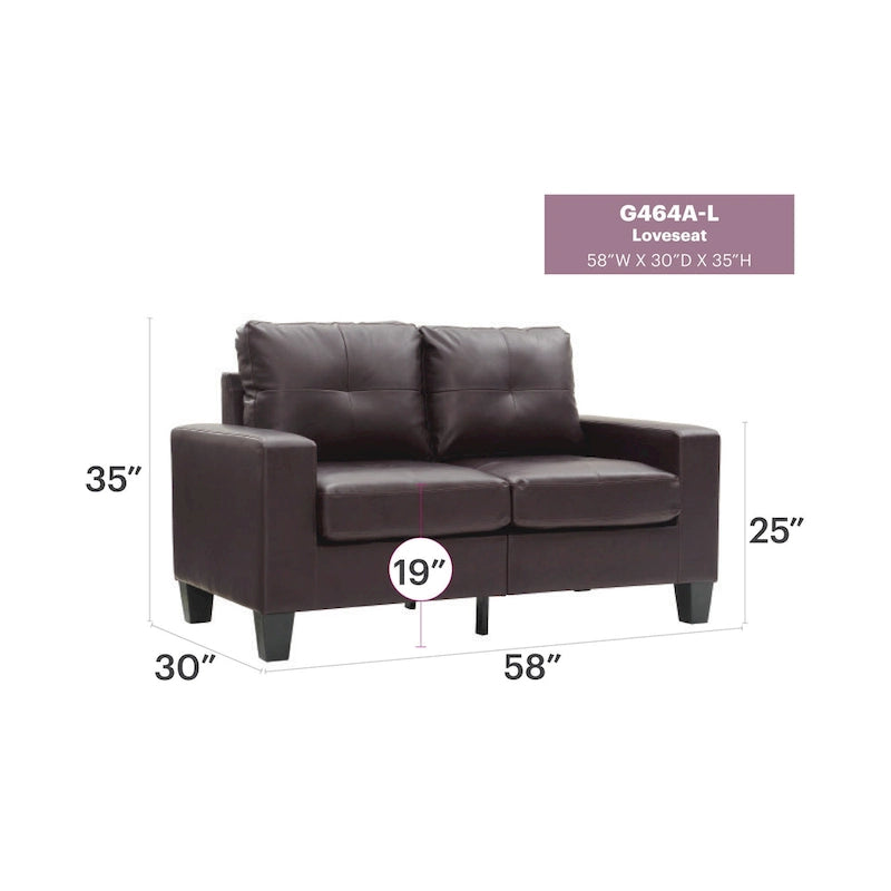 Canapé droit en similicuir à accoudoirs évasés de 58 po de large – 32L x 58W x 36H