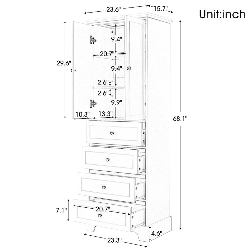 Meuble de rangement en bois avec 2 portes et 4 tiroirs, étagère réglable