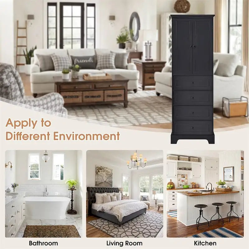 Meuble de rangement en bois avec 2 portes et 4 tiroirs, étagère réglable