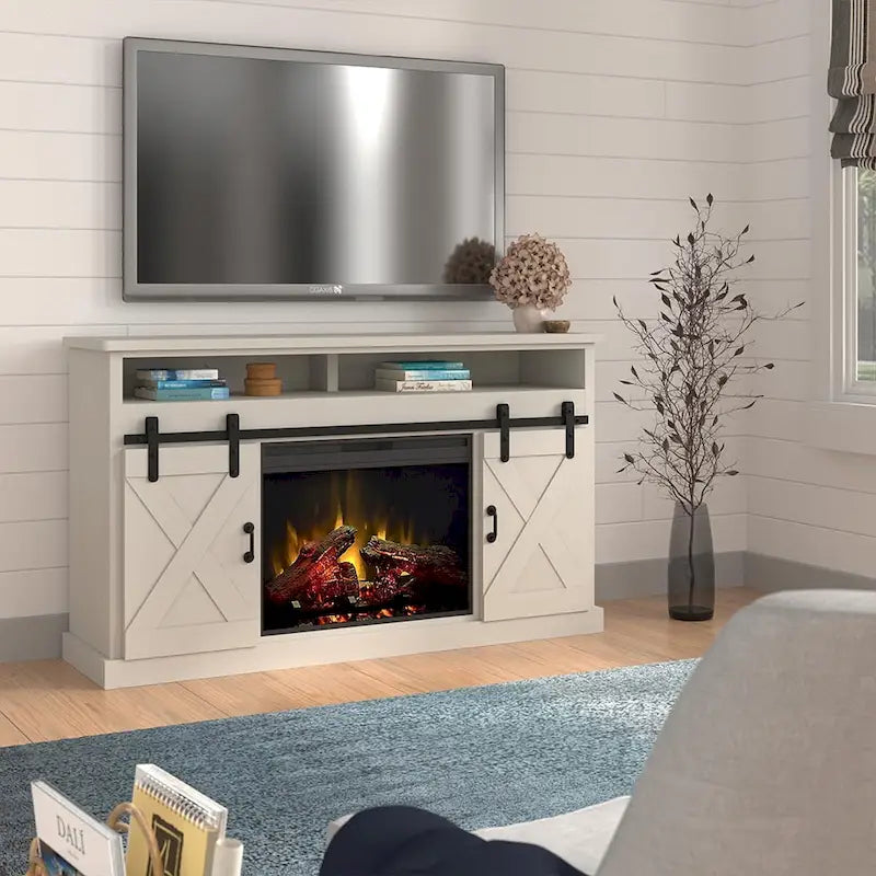 Meuble TV avec cheminée électrique de 66 pouces pour téléviseurs jusqu'à 80 pouces, finition blanche