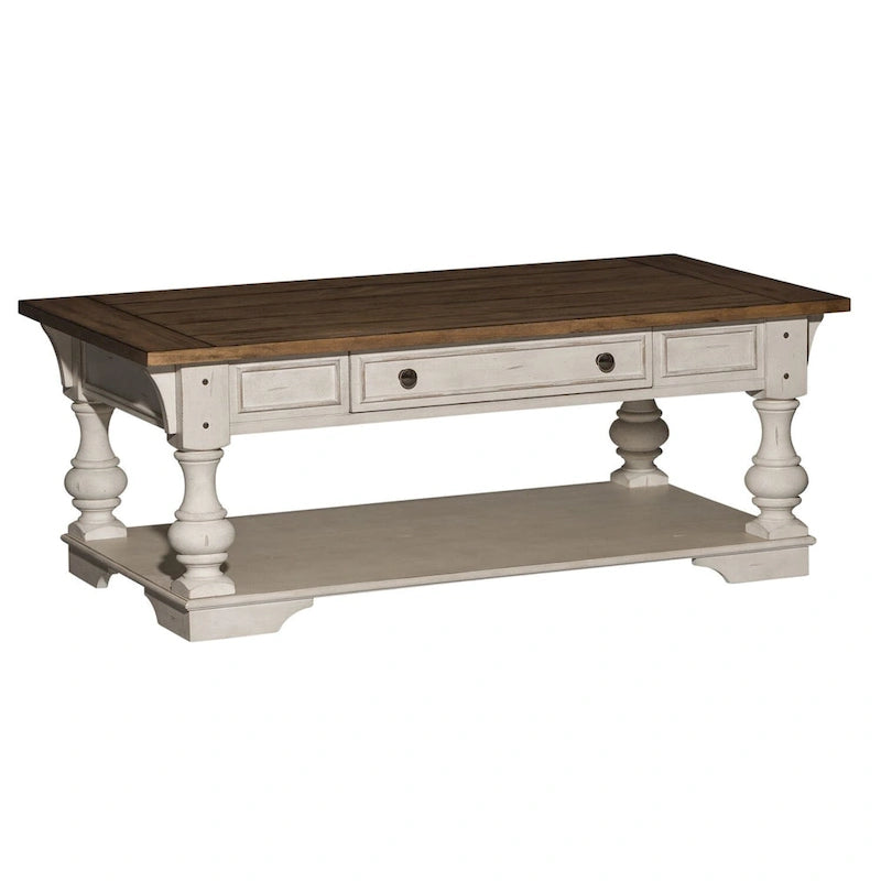 Table basse en bois brossé blanc antique avec accents tabac