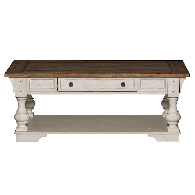 Table basse en bois brossé blanc antique avec accents tabac