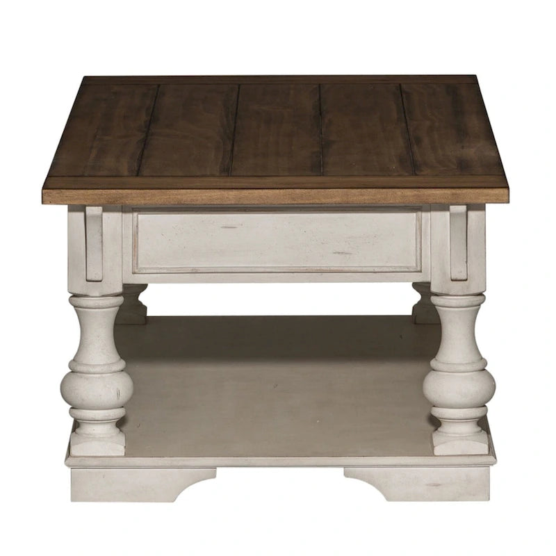 Table basse en bois brossé blanc antique avec accents tabac