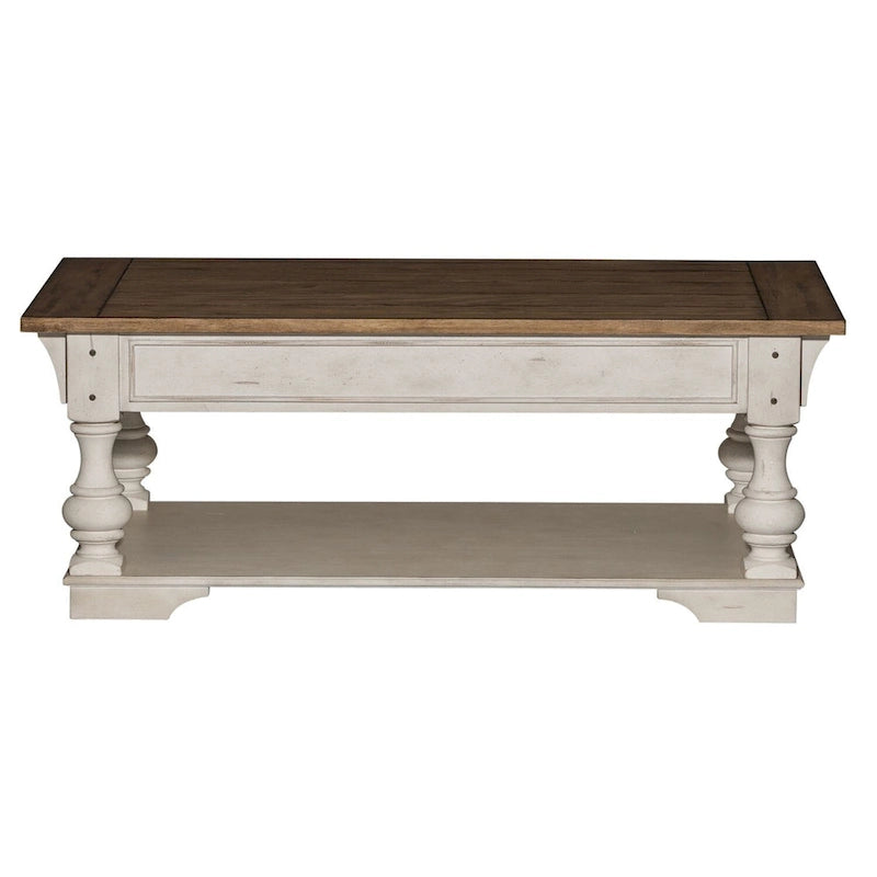 Table basse en bois brossé blanc antique avec accents tabac