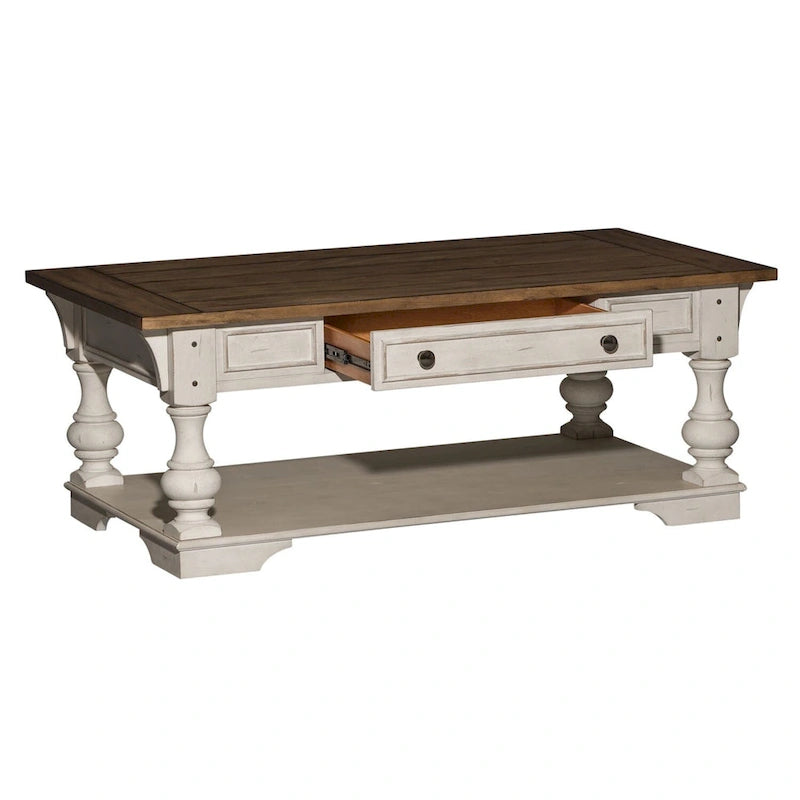 Table basse en bois brossé blanc antique avec accents tabac