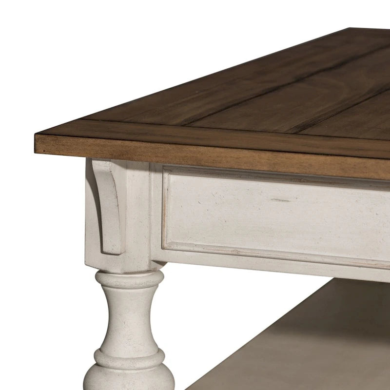 Table basse en bois brossé blanc antique avec accents tabac