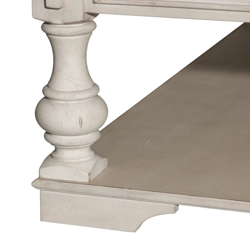 Table basse en bois brossé blanc antique avec accents tabac