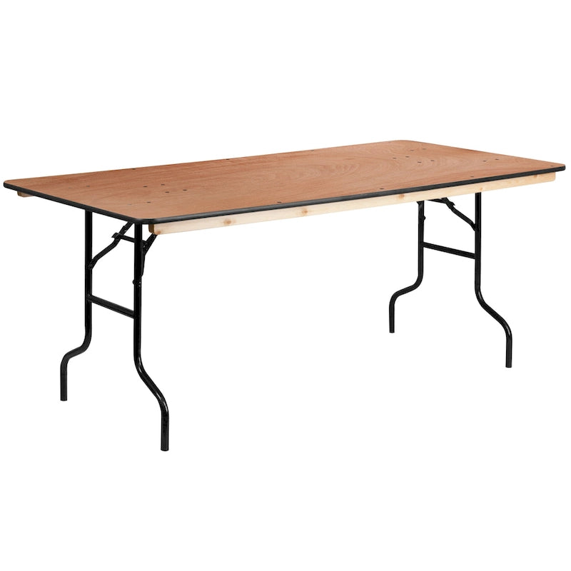 Table de banquet pliante rectangulaire en bois de 6 pieds avec plateau au fini laqué transparent