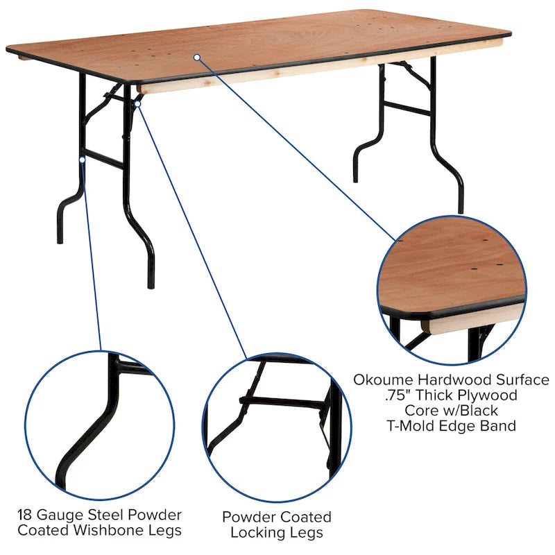 Table de banquet pliante rectangulaire en bois de 6 pieds avec plateau au fini laqué transparent