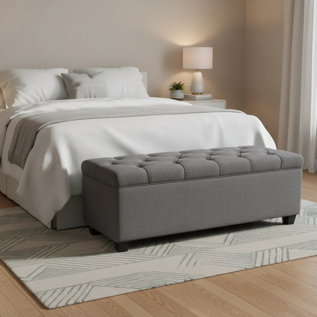 The Sole Secret Grey-Red Tint Diamond Tufted Shoe Storage Bench