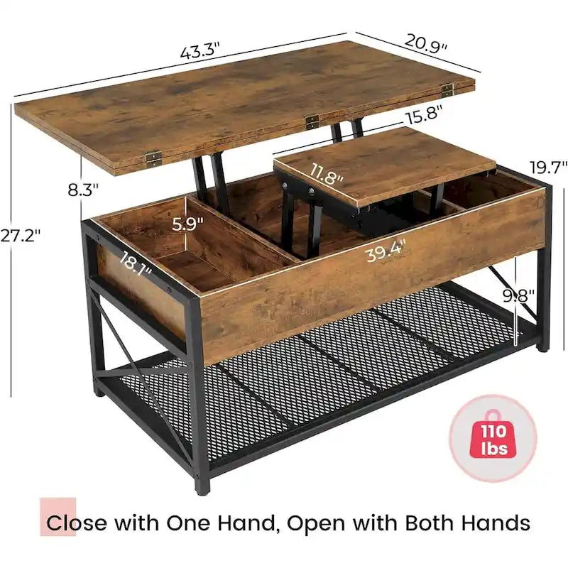 Table basse relevable avec étagère de rangement ouverte et rangement classifié caché