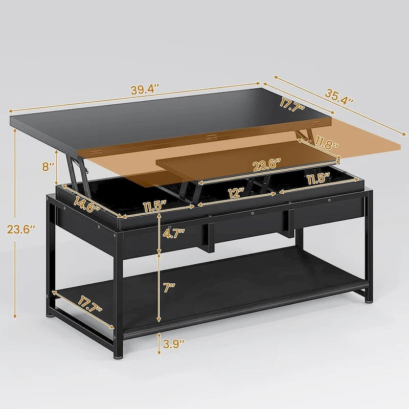 Table basse relevable avec étagère de rangement ouverte et rangement classifié caché