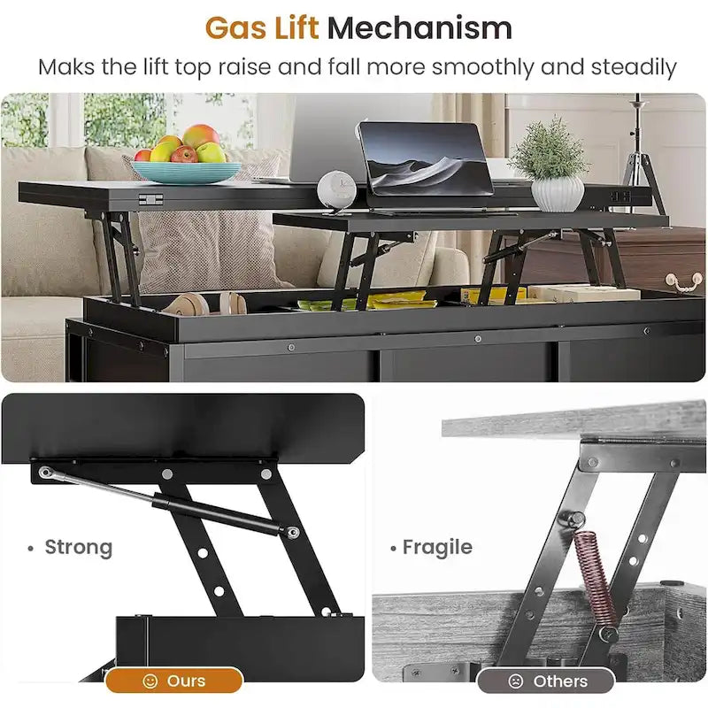 Table basse relevable avec étagère de rangement ouverte et rangement classifié caché