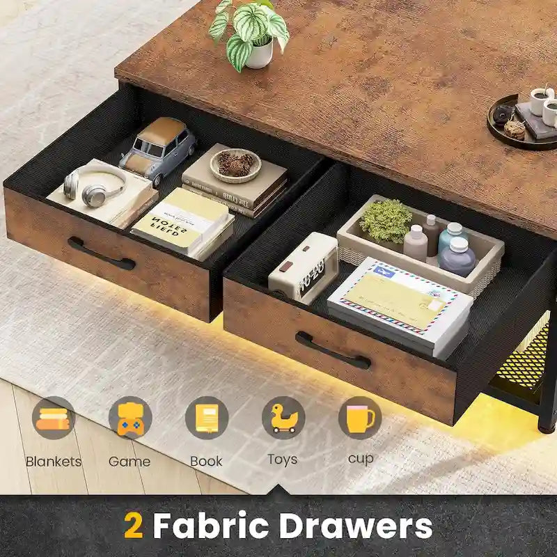 Table basse relevable avec étagère de rangement ouverte et rangement classifié caché