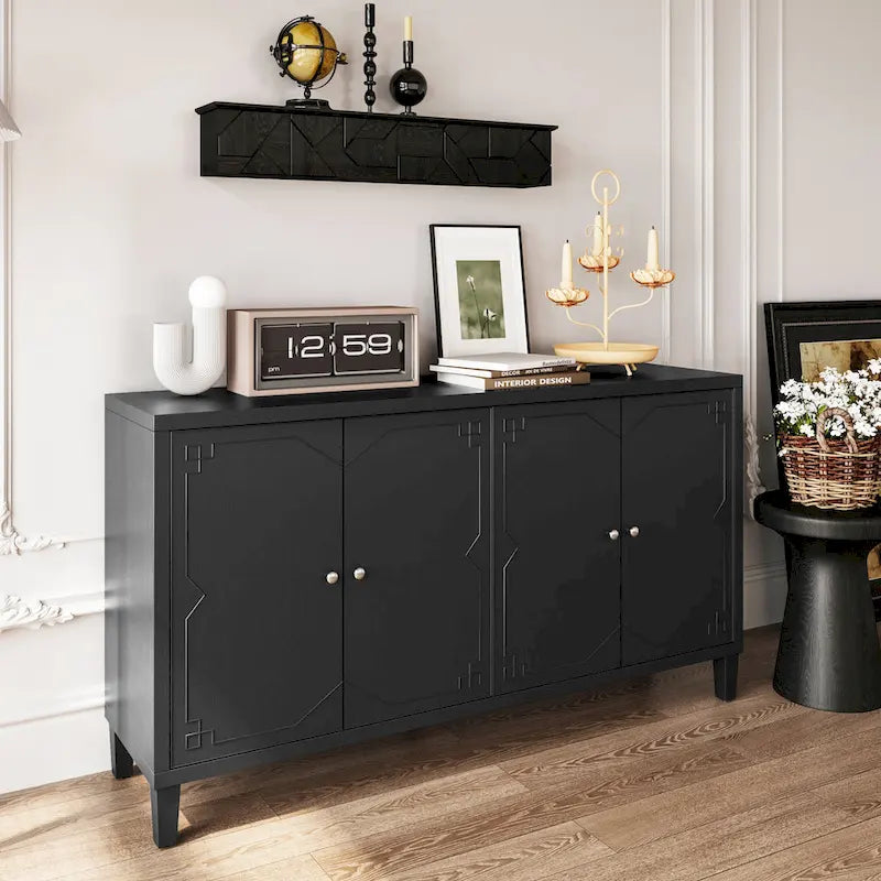 Buffet/Vaisselier Moderne Noir Mat 4 Portes en Bois, Armoire de Rangement d'Appoint de 60 Pouces