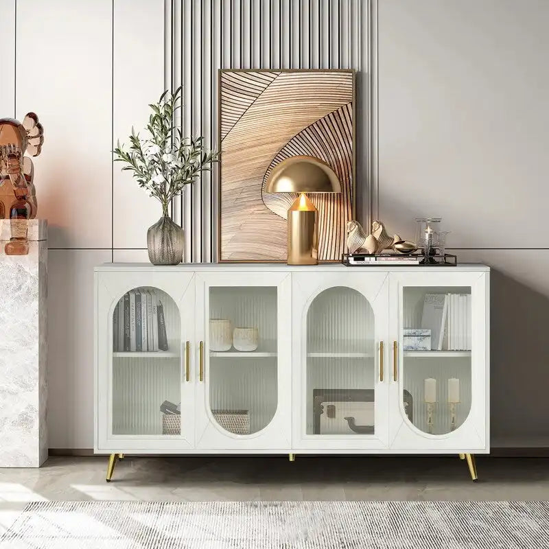 Buffet Mid-Century Modern de 152 cm de large avec portes en verre trempé cannelé et étagères réglables