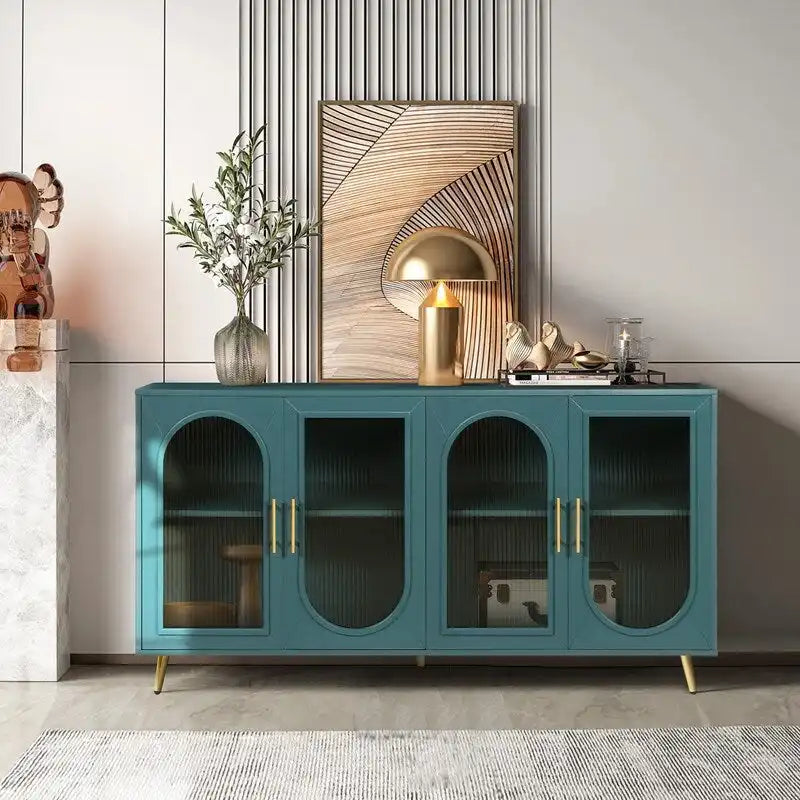 Buffet Mid-Century Modern de 152 cm de large avec portes en verre trempé cannelé et étagères réglables