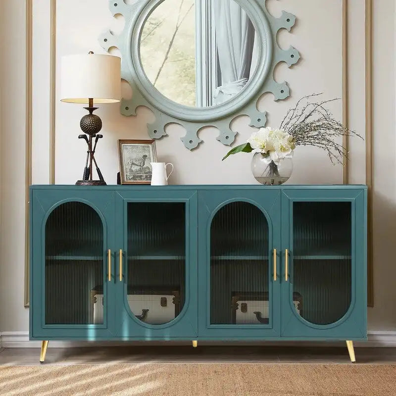 Buffet Mid-Century Modern de 152 cm de large avec portes en verre trempé cannelé et étagères réglables