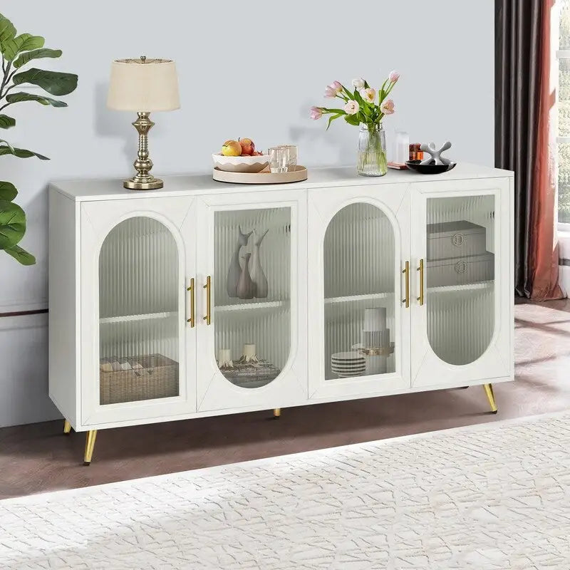 Buffet Mid-Century Modern de 152 cm de large avec portes en verre trempé cannelé et étagères réglables